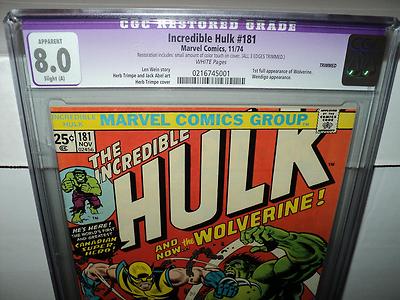 Incredible Hulk 181 CGC 80 SA RESTO WHITE Pages 1st WOLVERINE 1974 id9222