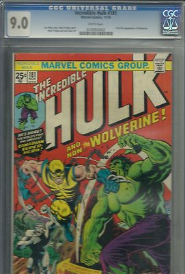 incredible hulk  181 cgc 90 white pages 1st full app of wolverine 