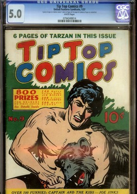 TIP TOP COMICS 9 CGC 50RARE 1937 COMICWHITE PAGESTARZAN CVR