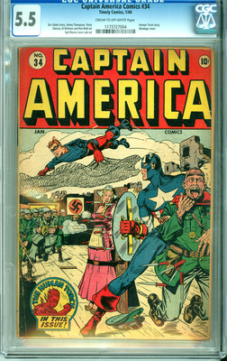 Captain America 34 CGC 55 FN Timely WWII Swastika Bondage cover Human Torch 