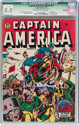 CAPTAIN AMERICA COMICS 27 CGC VF 80 UNRESTORED  CLASSIC SCHOMBURG COVER  1943