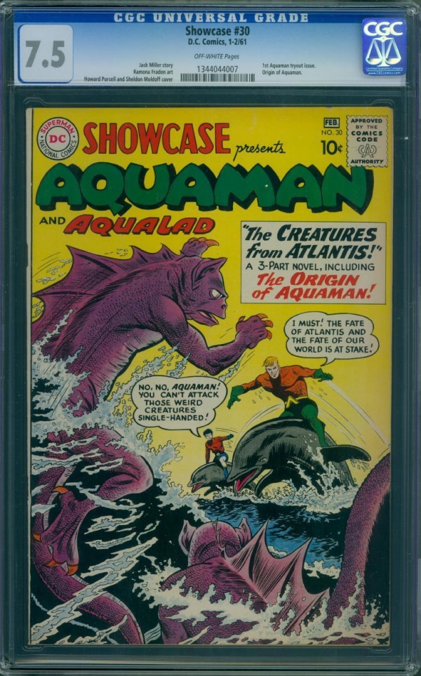 SHOWCASE 30 CGC 75  OW PAGES  1ST AQUAMAN TRYOUT ISSUE