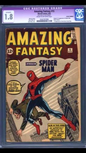 Amazing Fantasy 15 CGC 18 Restored Grade 1st Spiderman CreamOW Pages