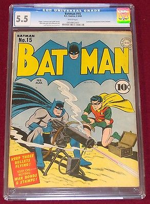 Batman 15 CGC 55 W 1943 Classic WWII Machine Gun Cover Catwoman Bright Colors