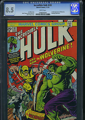 INCREDIBLE HULK 181 CGC 85 VF  WHITE PAGES 1ST WOLVERINE