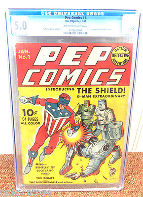 RARE KEY GOLDEN AGE PEP COMICS 1 1ST APP SHIELD  COMET CGC 50 NOVICK COLE