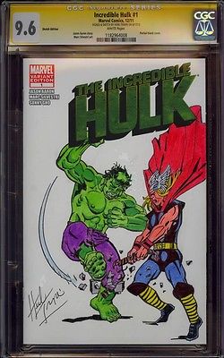 HULK 1 CGC 96 SS HERB TRIMPE HULK VS THOR DOUBLE FIGURE COLORED SKETCH BEAUTY