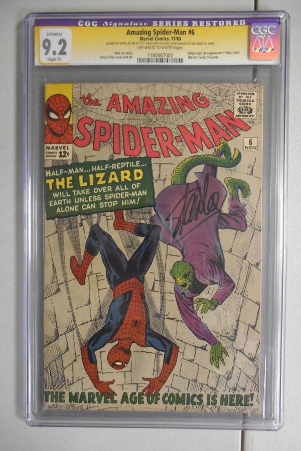 RARE Amazing Spiderman 6 CGC 92 1st app Lizard SS Signed Stan Lee NM MINT HTF