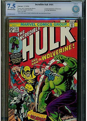 INCREDIBLE HULK 181 CBCS 75 LIKE CGC 1ST FULL APPEARANCE WOLVERINE 1974 OWTW