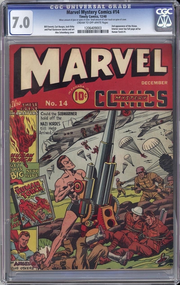 MARVEL MYSTERY COMICS 14 CGC 70 BLUE LABEL  SCHOMBURG NAZI WAR COVER 1940