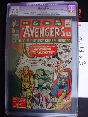 AVENGERS 1 Sep 1963 Marvel CGC 75 RESTORED C2 OW PAGES ORIGIN1st AVENGERS