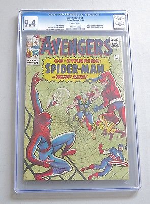 The Avengers 11 Marvel Comics w SpiderMan 1964 Comic Book CGC 94 White Pages