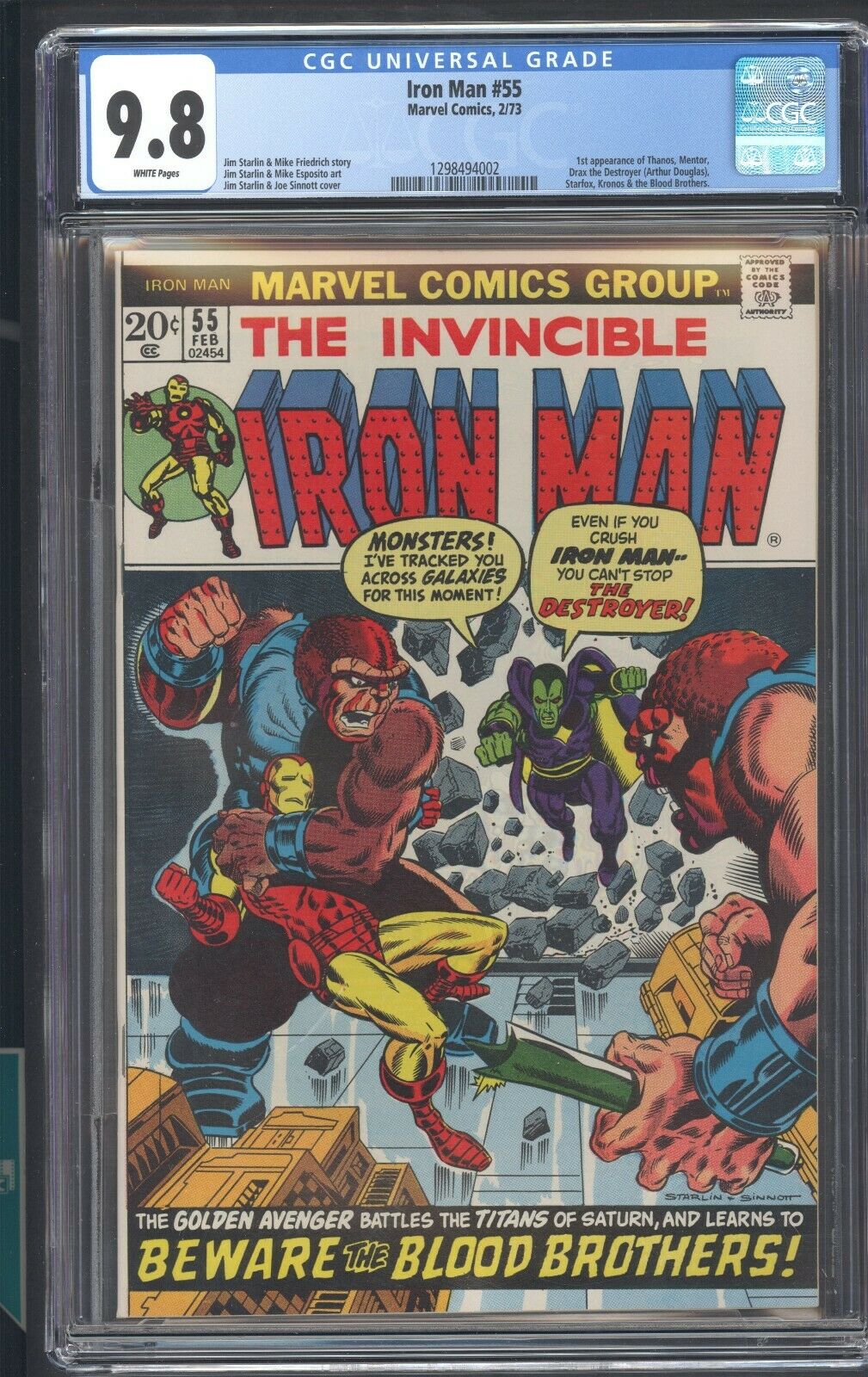 Iron Man 55 CGC 98 White Pages 1ST App Of Thanos Mentor Drax Starfox Kronos