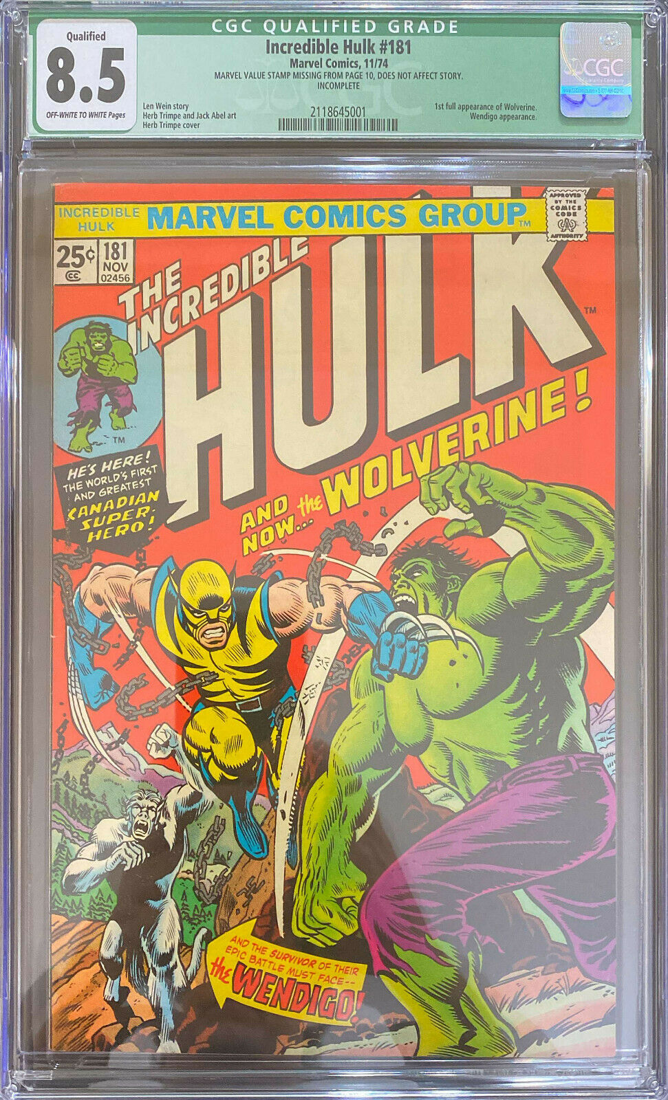 INCREDIBLE HULK 181 Marvel Comics 1974 CGC 85 WOLVERINE 1st Full Appearance 