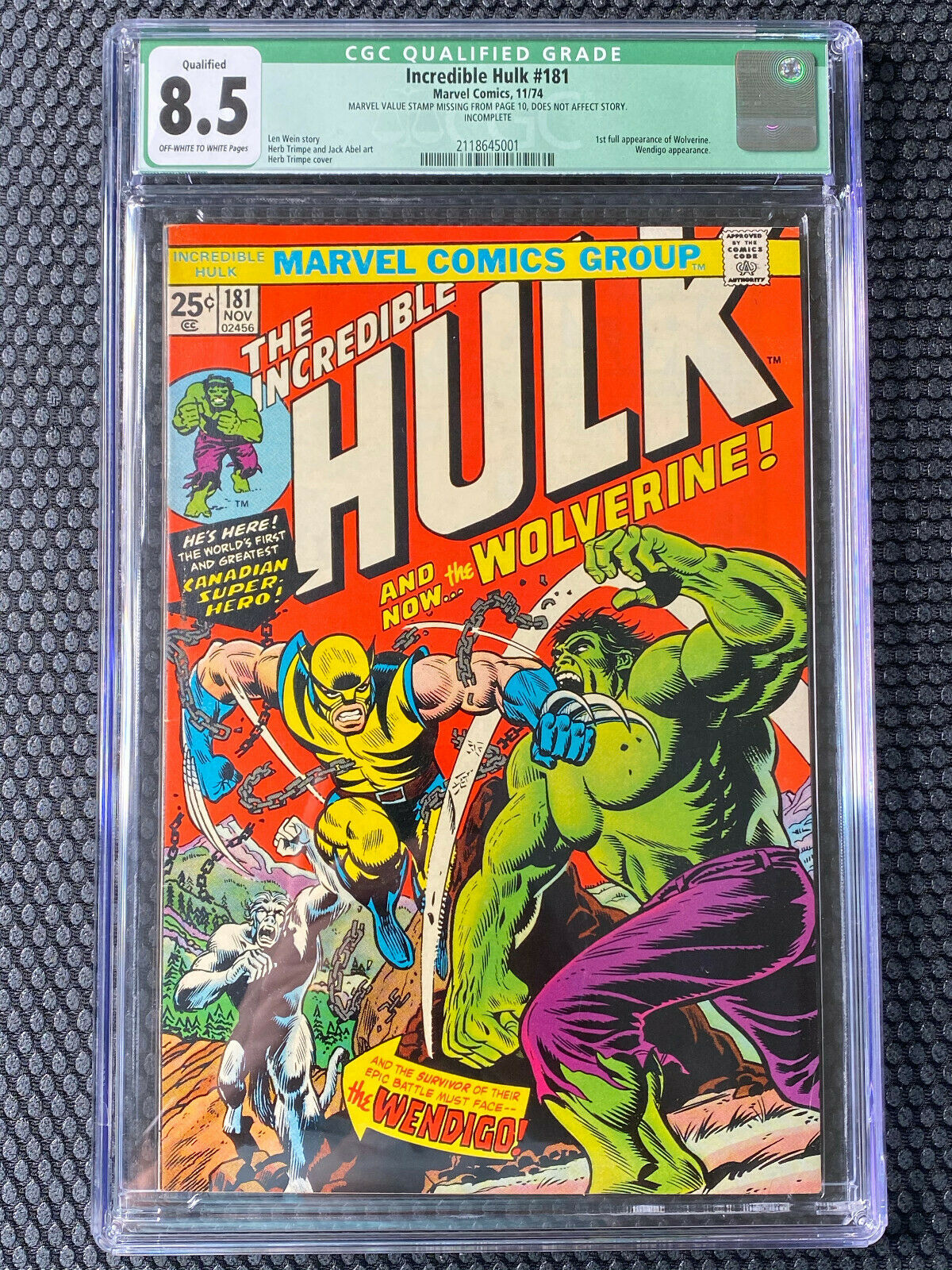 INCREDIBLE HULK 181 Marvel Comics 1974 CGC 85 WOLVERINE 1st Full Appearance 