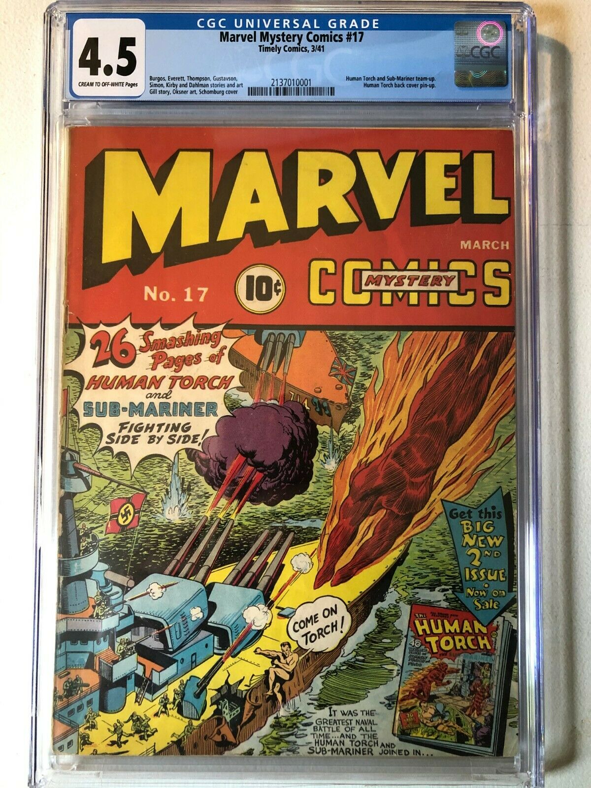 Marvel Mystery Comics 17 CGC 45 Universal Grade 1941 Human Torch