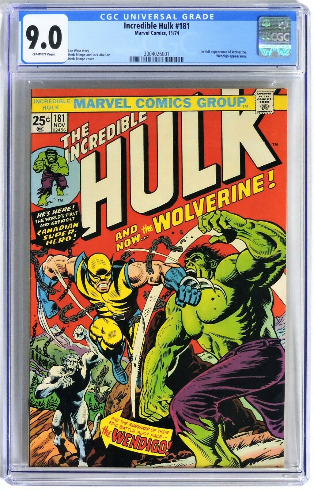 S713 INCREDIBLE HULK 181 Marvel CGC 90 VFNM 1974 1st FULL App of WOLVERINE