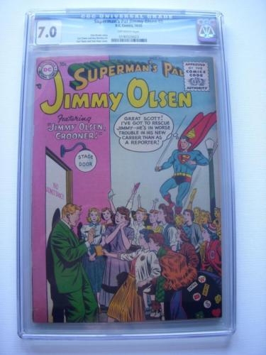 SUPERMANS PAL JIMMY OLSEN 8  CGC FVF 70   OWP  UNIVERSAL GRADE DC 1955