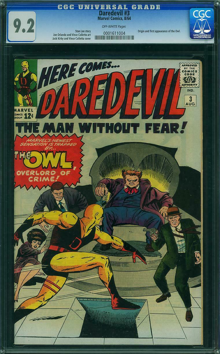 DAREDEVIL 3 CGC 92 NM 1ST OWL ORIGIN 1964 CENTERED MARVEL KIRBY GEM 99 NR