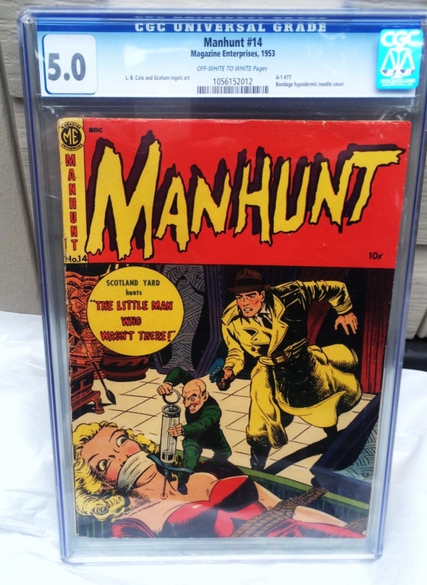 Rare 1953 MANHUNT 14 Classic Bondage Hypodermic Needle Cover CGC Graded 50