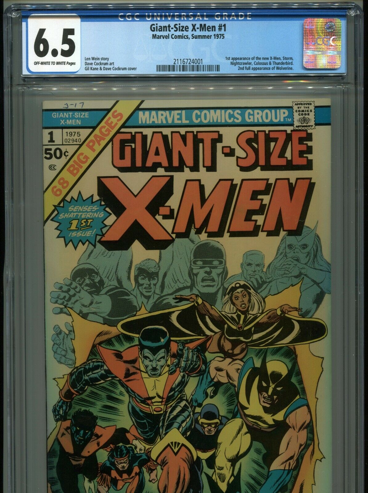 1975 MARVEL GIANTSIZE XMEN 1 1ST APP COLOSSUS NIGHTCRAWLER STORM CGC 65 OWW