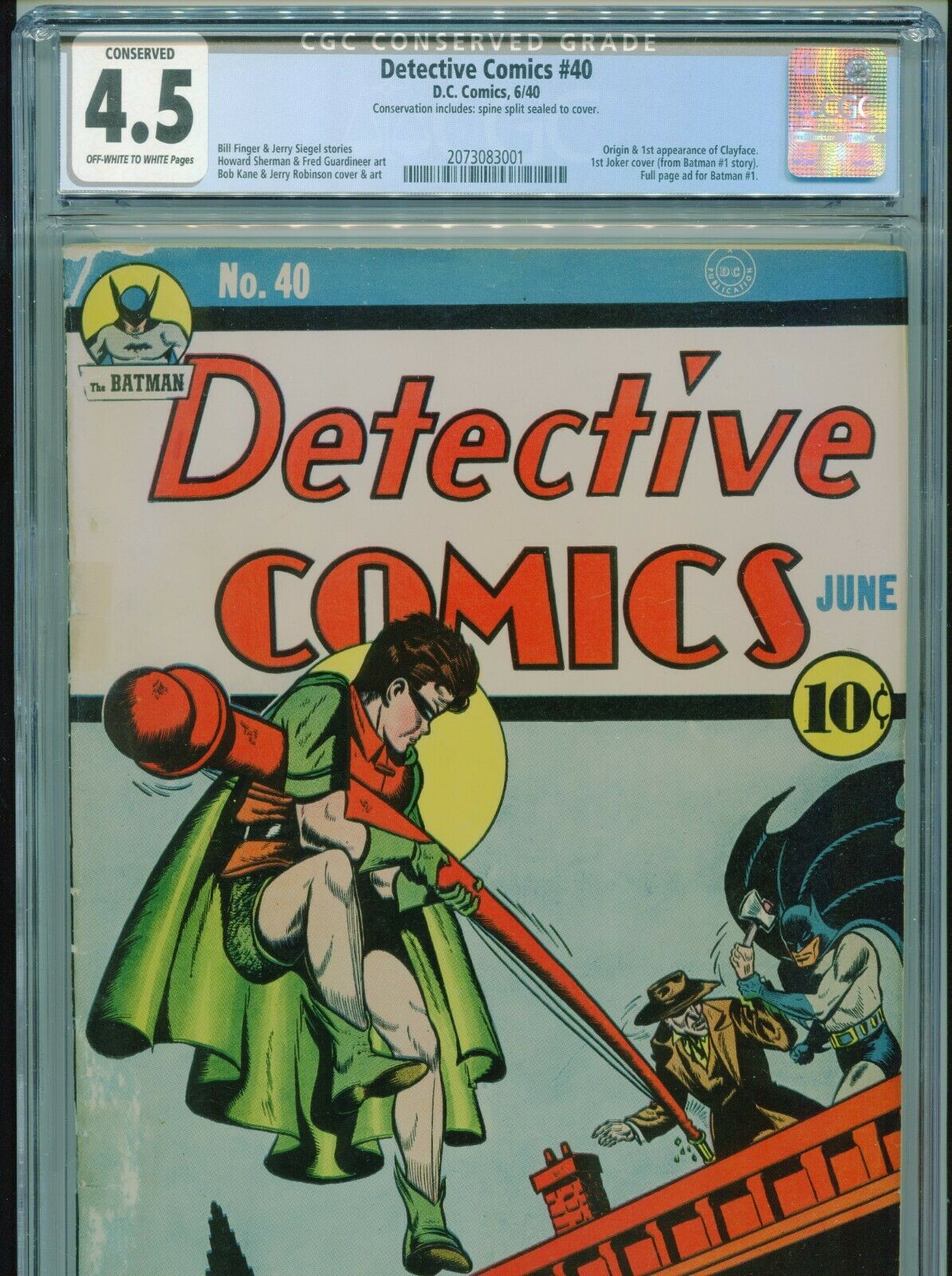 1940 DC DETECTIVE COMICS 40 1ST APPEARANCE CLAYFACE 1ST JOKER COVER CGC 45 OWW