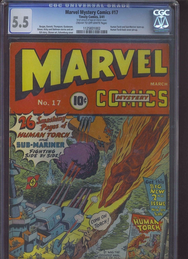 MARVEL MYSTERY 17 CGC FN 55 CMOW Human TorchSubbie teamup