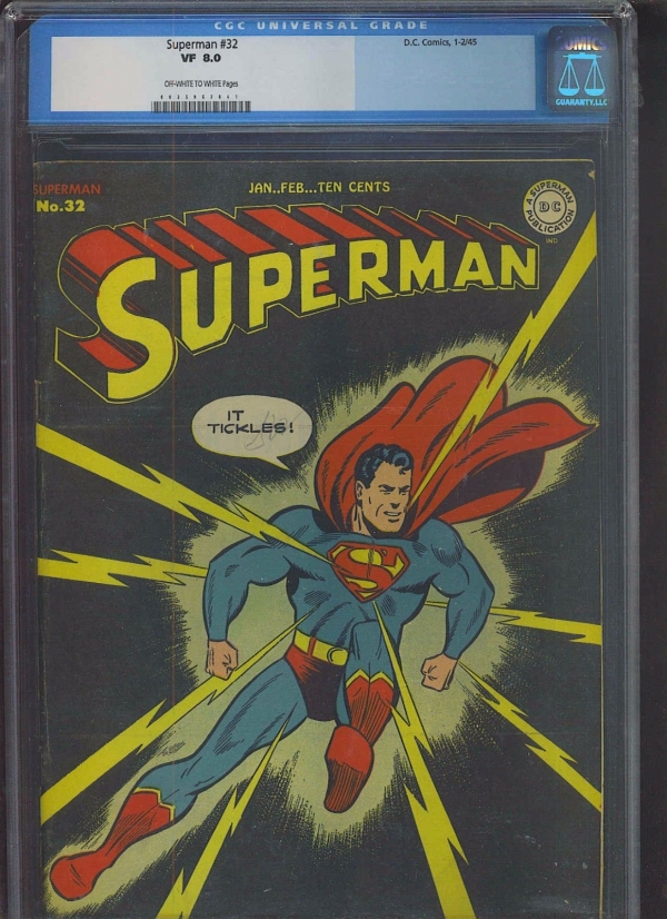 SUPERMAN 32 CGC VF 80 OWW classic It Tickles lightning cover