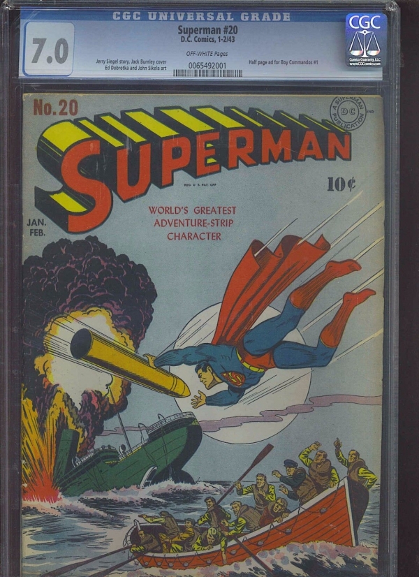 SUPERMAN 20 CGC FNVF 70 OW WWII cover