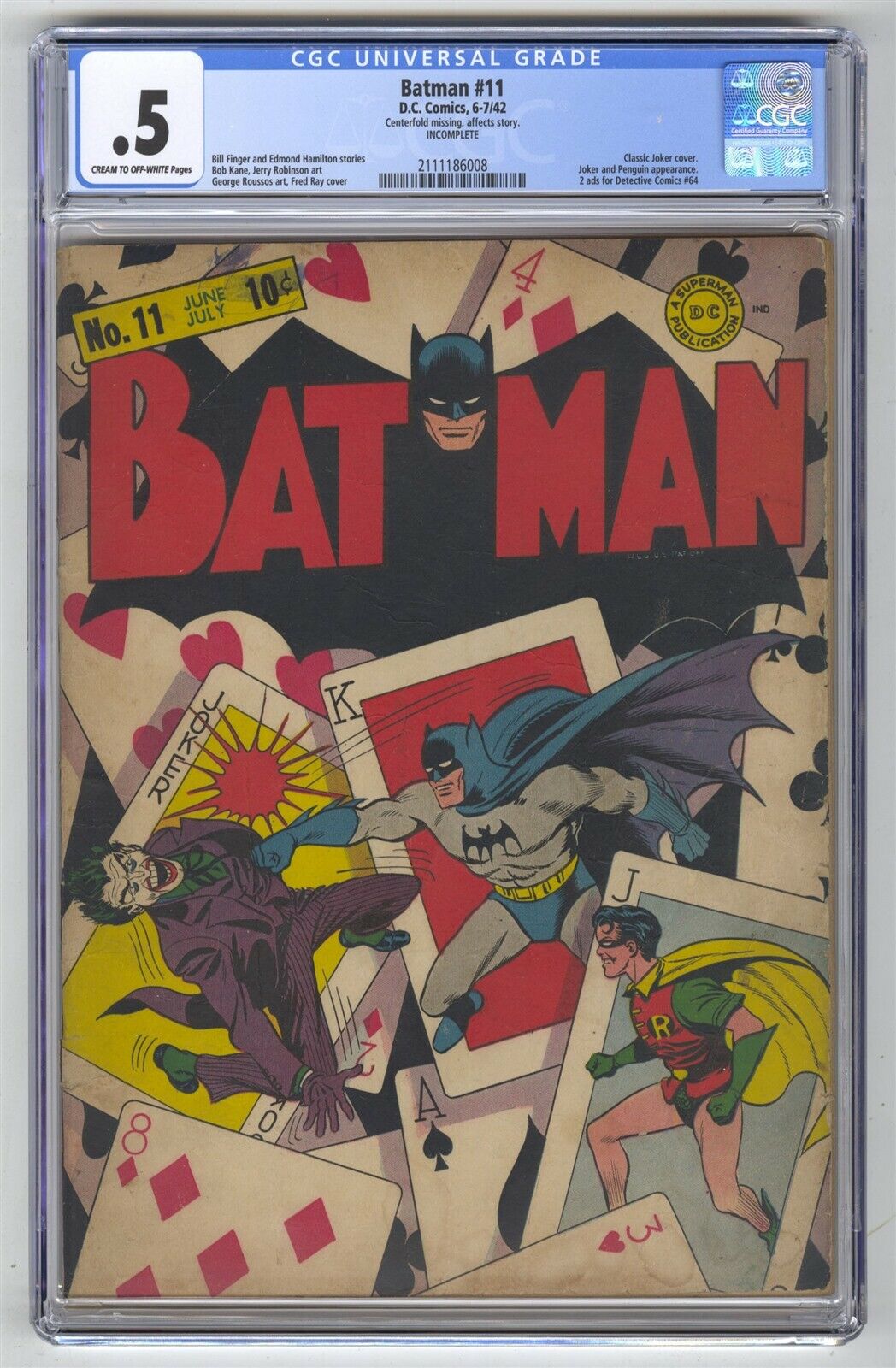 Batman 11 CGC 5 VINTAGE DC Comic KEY Classic Joker Cover Ads for Detective 64