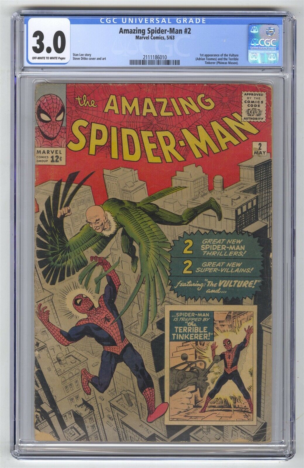 Amazing SpiderMan 2 CGC 30 VINTAGE Marvel KEY Ditko Lee 1st Vulture 12c