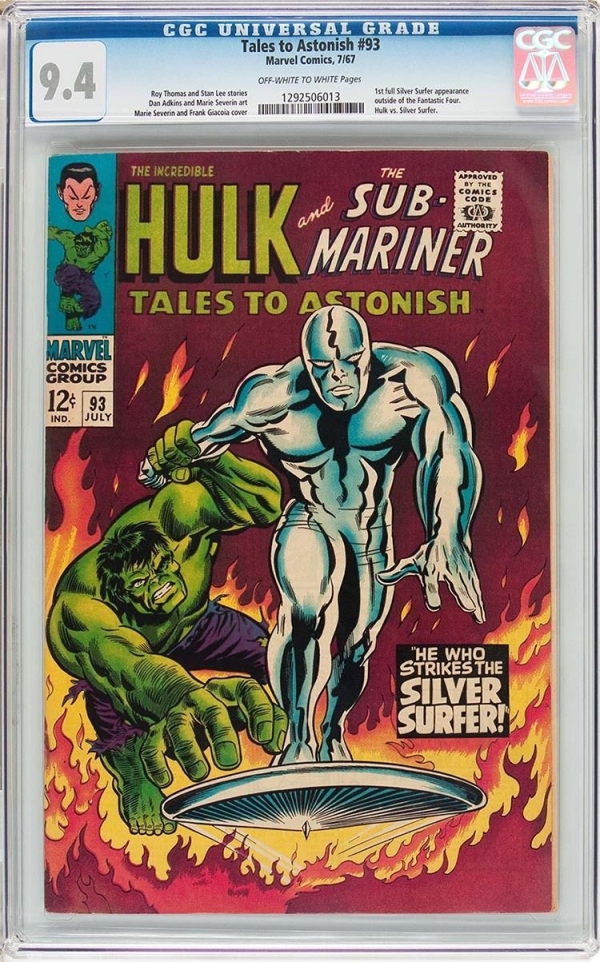 TALES TO ASTONISH 93  CGC NM 94  CLASSIC SILVER SURFER and HULK COVER  1967