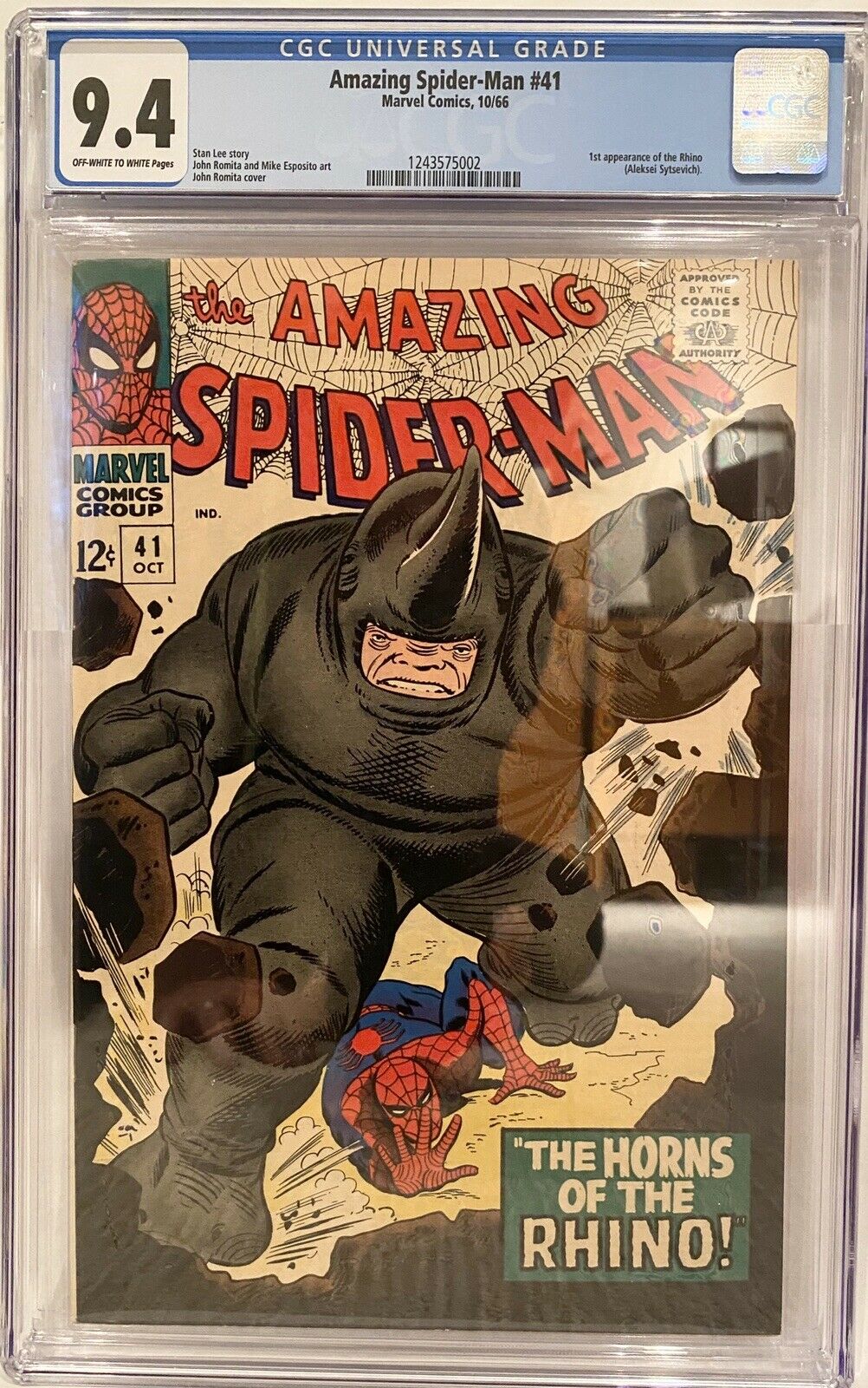 Amazing Spiderman 41  CGC 94 OWWH  1st Rhino  Spiderman  Romita  1966