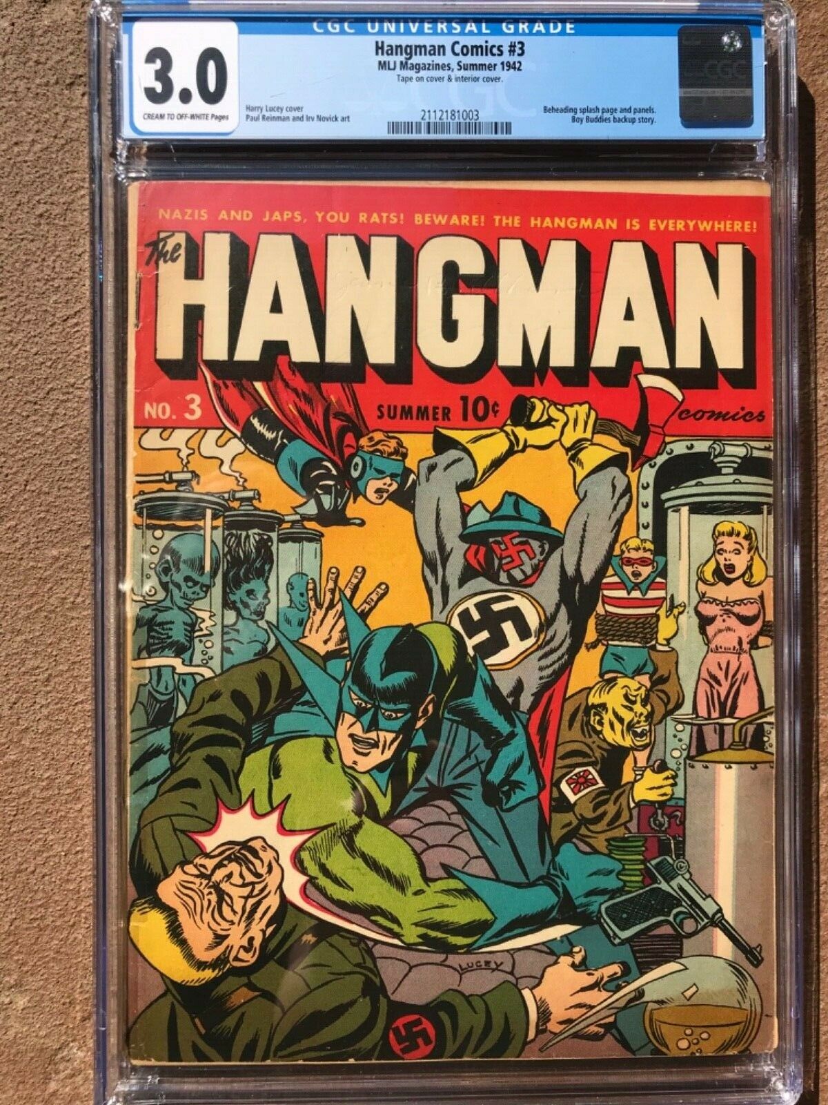 HANGMAN COMICS 3 CGC 30  NAZI COVER  BEHEADING SPLASH PAGE