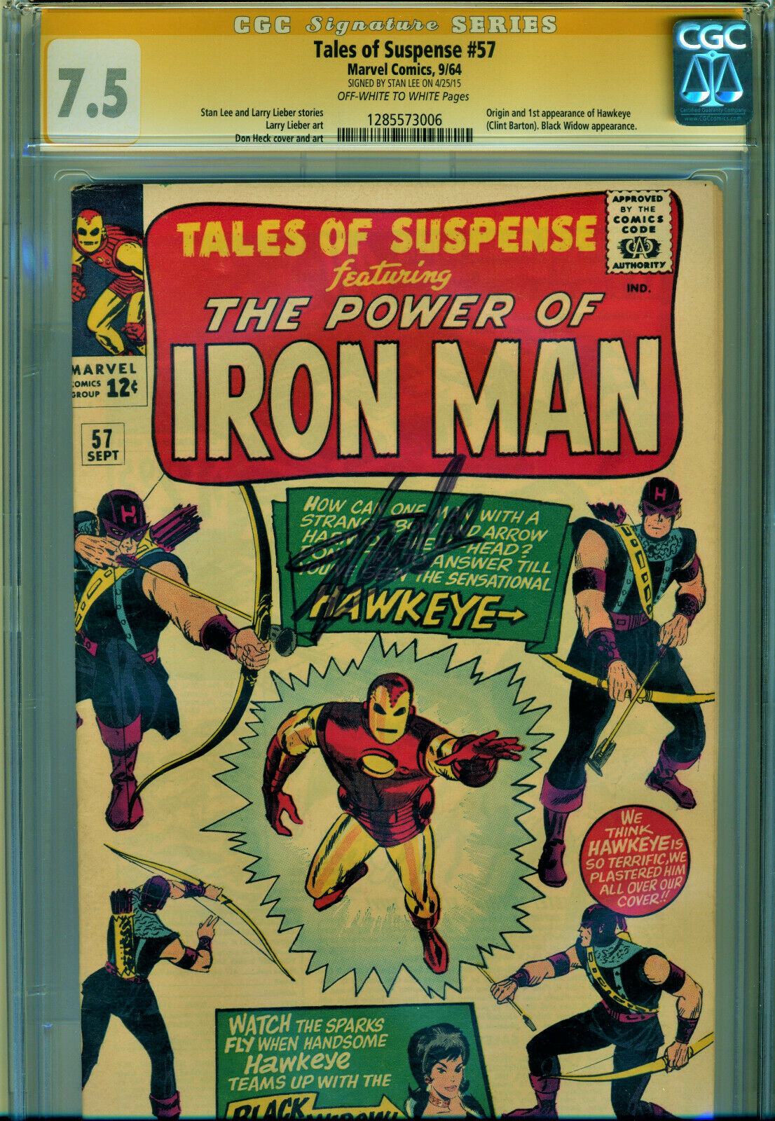 TALES OF SUSPENSE 57 CGC 75 OWW PGS SS SIGNED STAN LEE ORIGIN1ST HAWKEYE