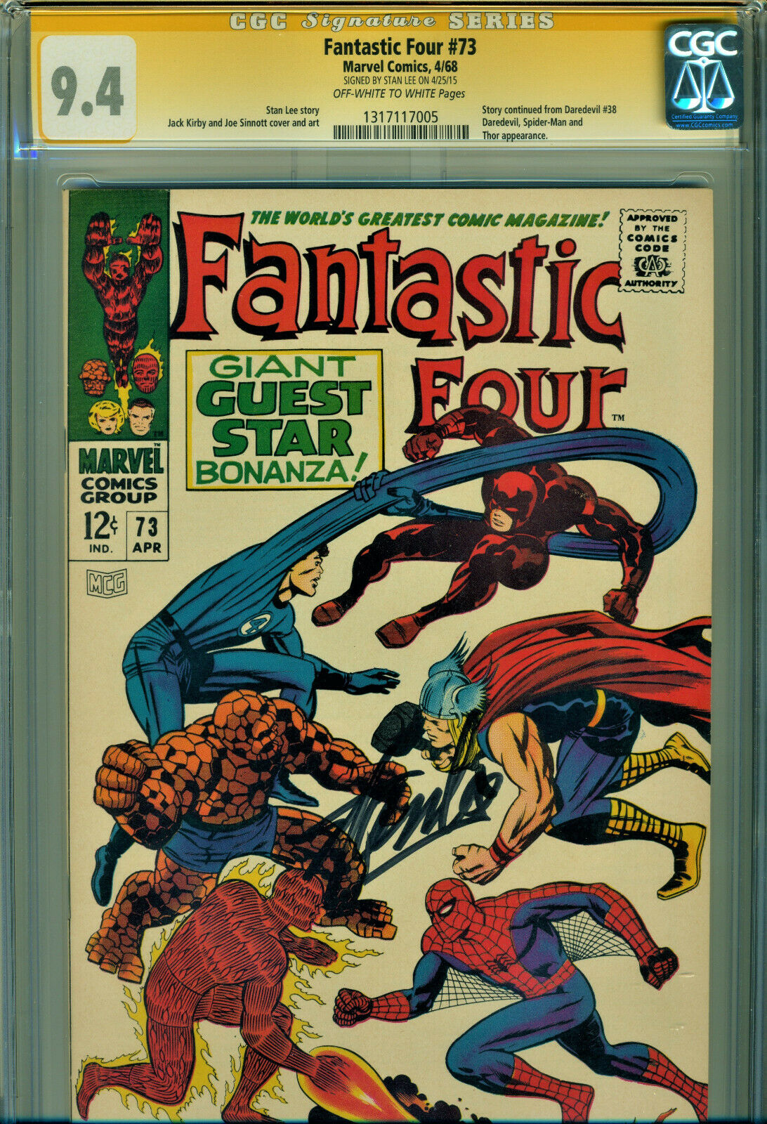 FANTASTIC FOUR 73 CGC 94 SIGNED BY STAN LEE SPIDERMANTHORDAREDEVIL XOVER