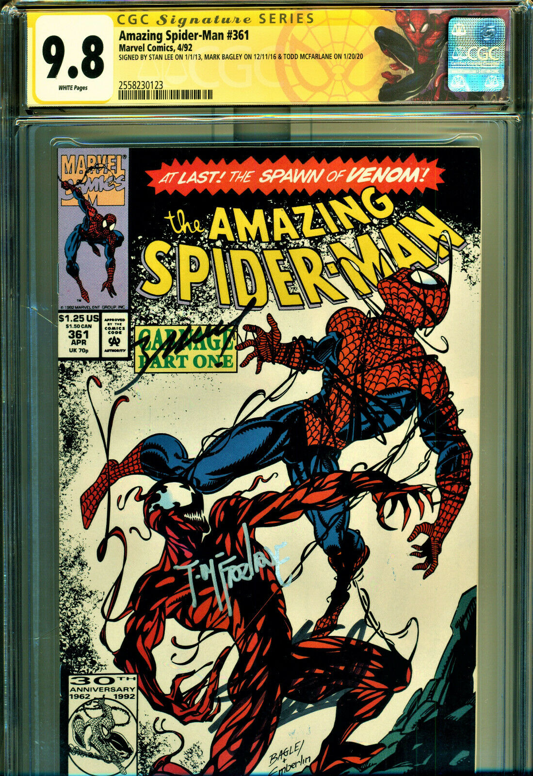 AMAZING SPIDERMAN 361 CGC 98 3X SIGNED BY STAN LEE TODD MCFARLANE BAGLEY