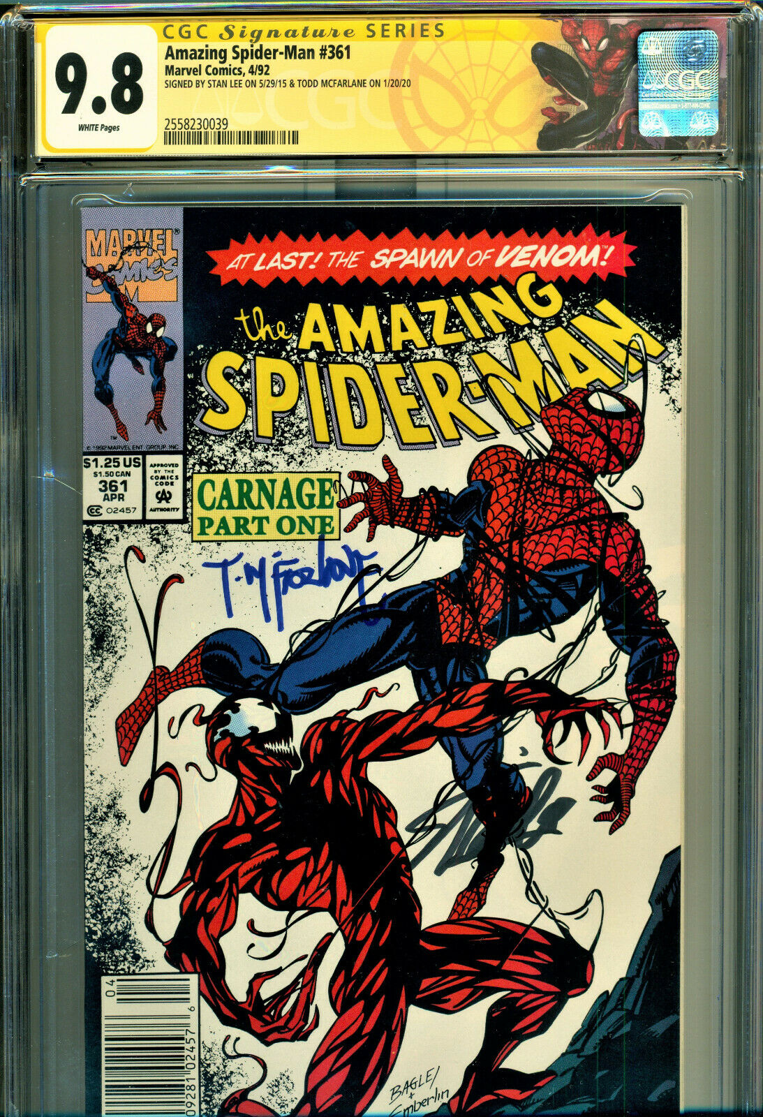 AMAZING SPIDERMAN 361 CGC 98 NEWSSTAND 2X SIGNED BY STAN LEETODD MCFARLANE