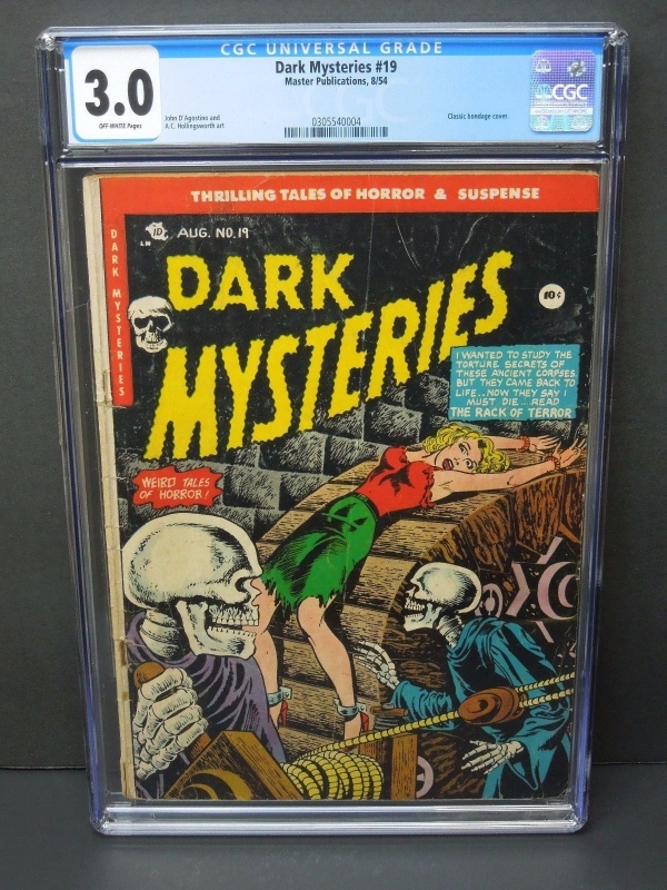 MASTER PUBLICATIONS DARK MYSTERIES 19 1954 CGC 30 CLASSIC BONDAGE COVER