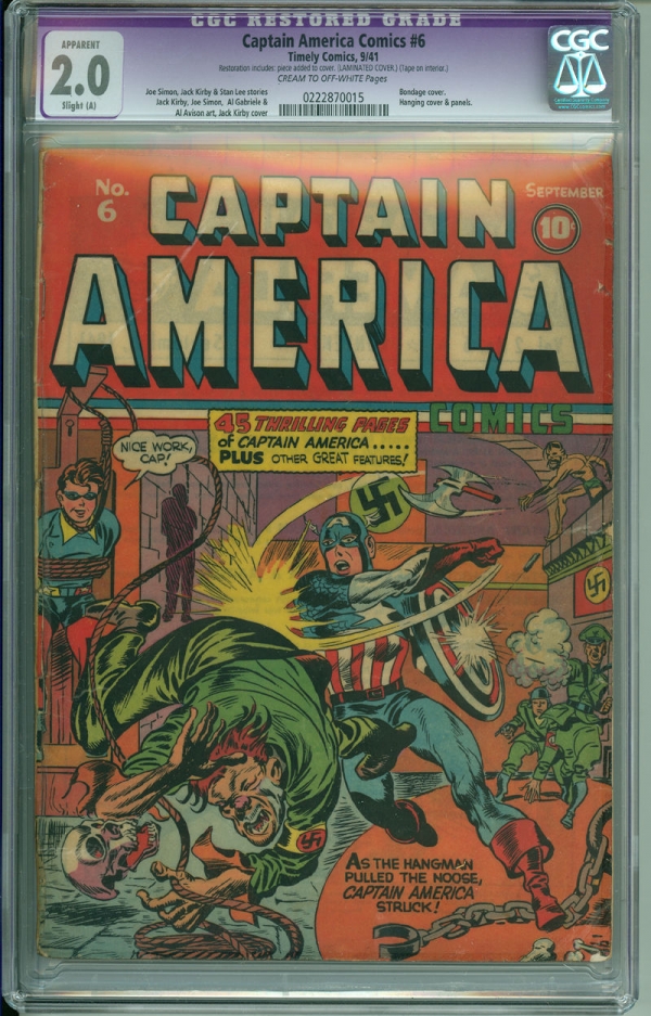 Captain America 6 CGC 20 SA Timely 1941 Simon  Kirby WWII Cover