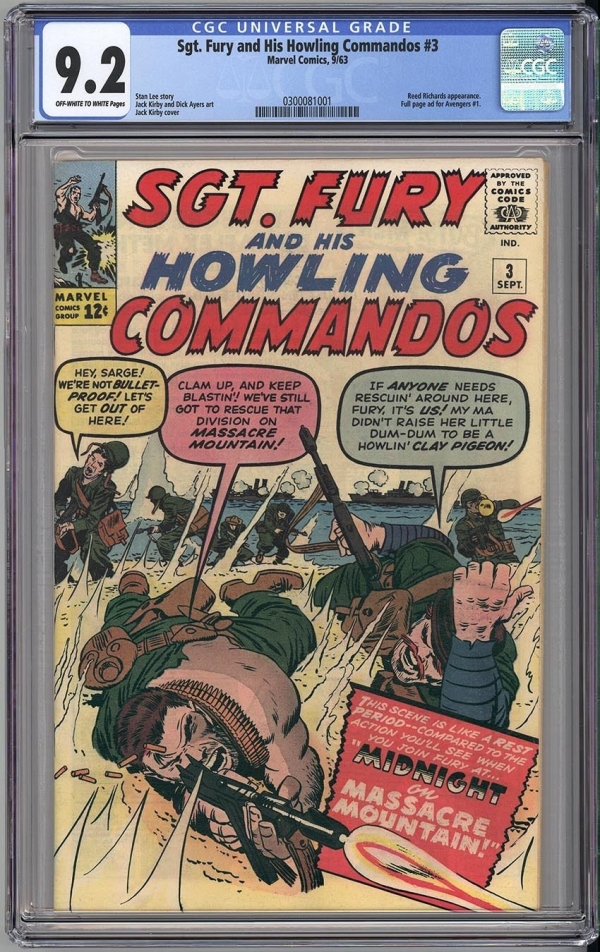 SGT FURY 3 CGC NM 92  CLASSIC JACK KIRBY  FANTASTIC FOUR AVENGERS 1  1963