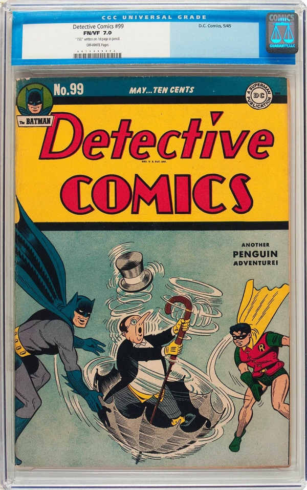 DETECTIVE COMICS 99  CGC FVF 70  CLASSIC PENGUIN COVER  1945  OLD LABEL