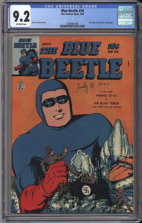 BLUE BEETLE 34 CGC NM 92  FANTASTIC NAZI WAR COVER  BLACK TERROR 1944 RARE