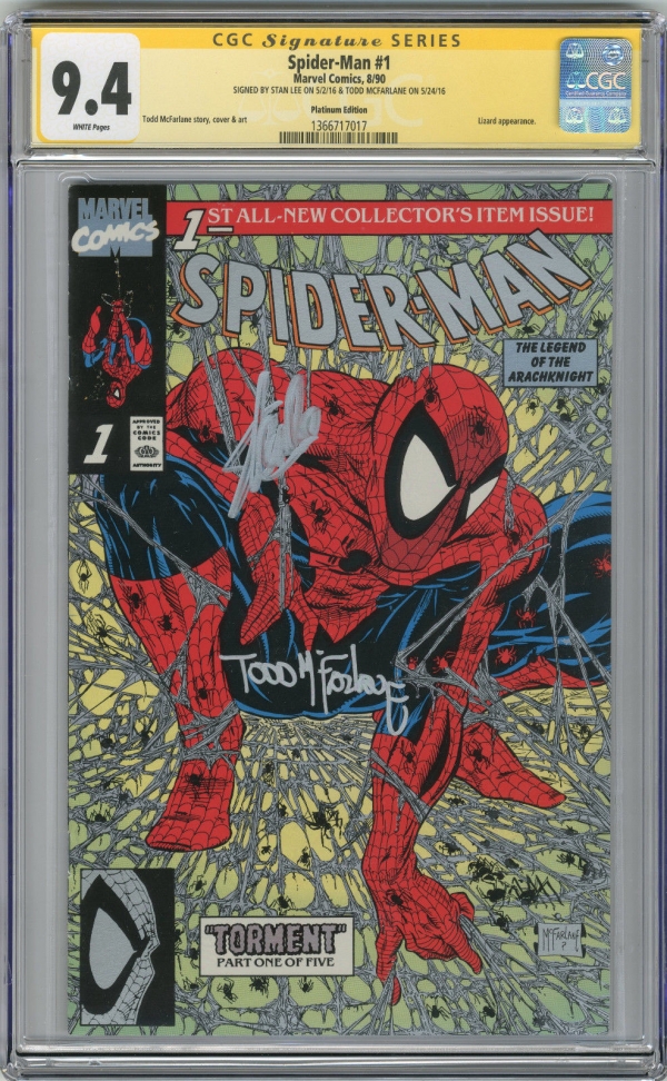 1990 SpiderMan 1 Platinum CGC 94 Signed by Stan Lee  Todd McFarlane