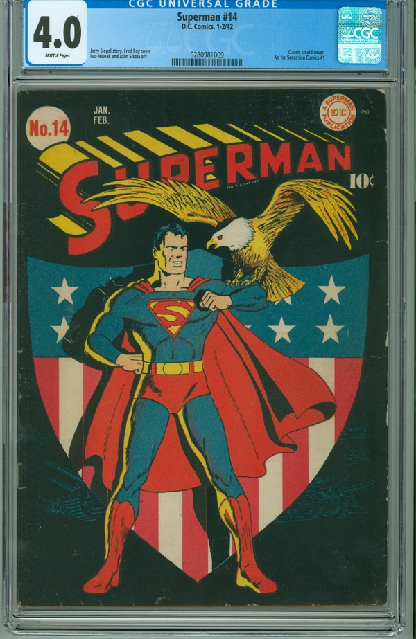 Superman 14 CGC 40 VG DC 1942 Classic Patriotism American Flag Eagle Cover