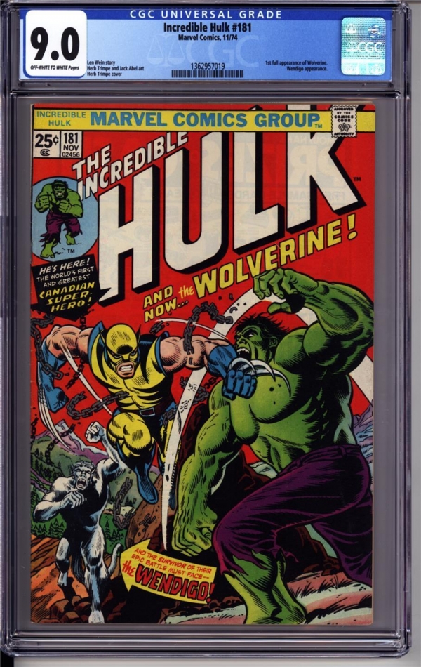 INCREDIBLE HULK 181 CGC 90  OW WHITE PAGES  1ST APPEARANCE OF WOLVERINE