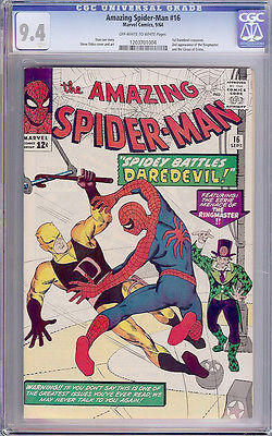 Amazing SpiderMan 16 CGC 94 NM 1st DAREDEVIL XOVER 1964 CANARSIE PEDIGREE Lee