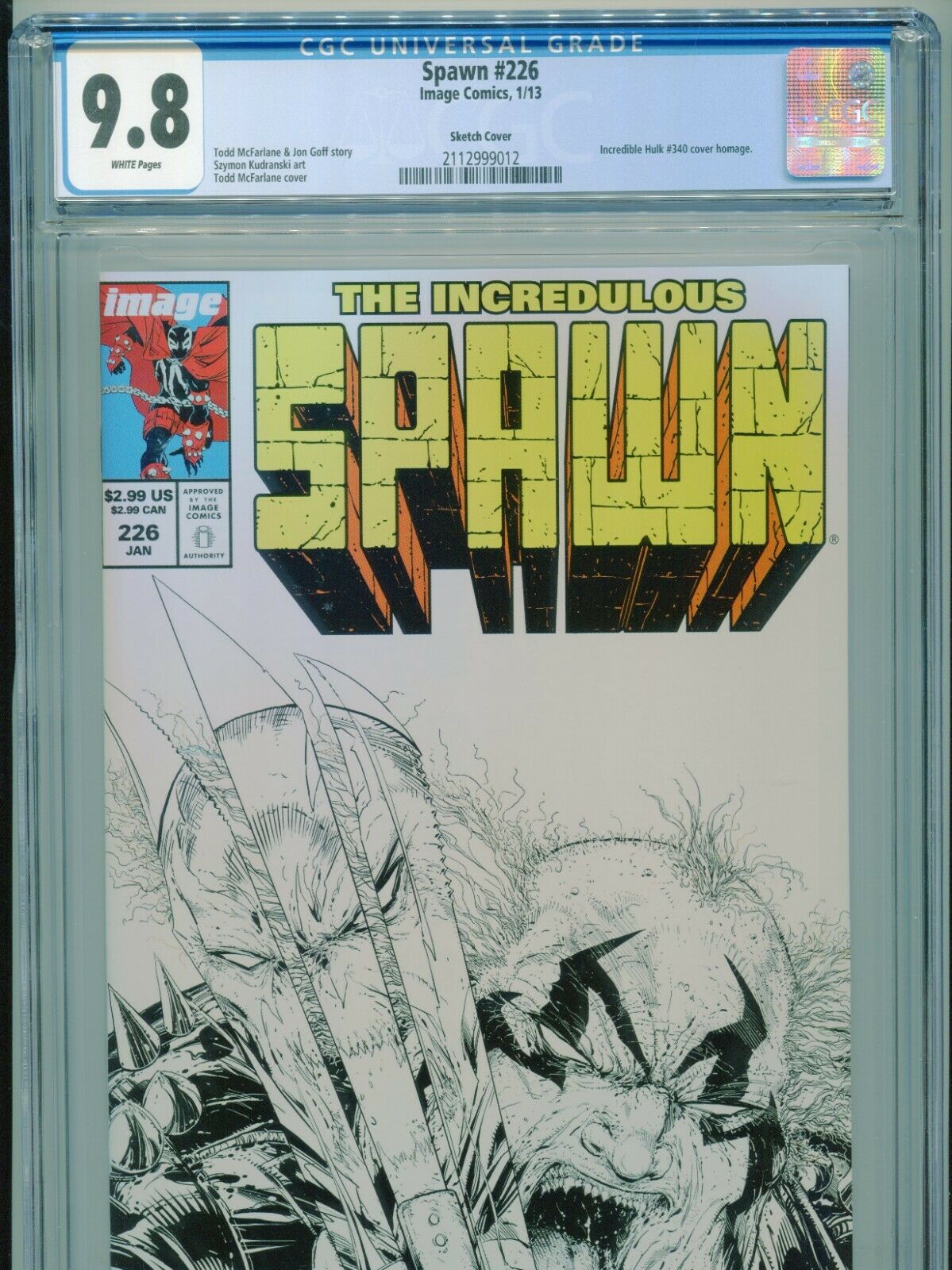 2013 IMAGE SPAWN 226 McFARLANE INCREDIBLE HULK 340 HOMAGE SKETCH VAR CGC 98