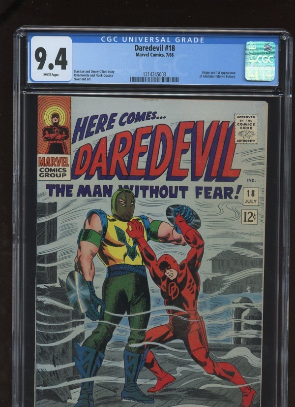 DAREDEVIL 18 CGC 94 WHITE PAGES 1966 1214245003 ORIGIN  1st GLADIATOR