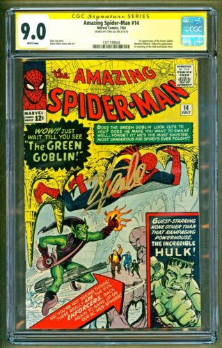 Amazing SpiderMan 14 1964 Marvel 1st app Green Goblin Signed Stan Lee CGC 90
